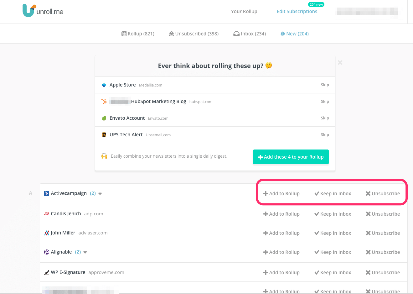 Unroll.me selection screenshot