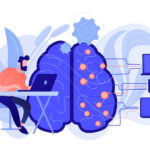 brain with digital circuit and programmer with laptop machine learning artificial intelligence illustration